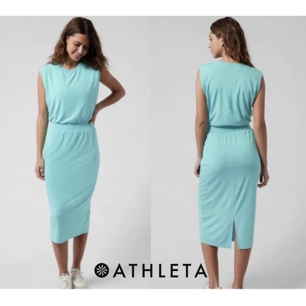 Athleta NWT Blue Santorini Cinch Midi Sleeveless Modest Dress